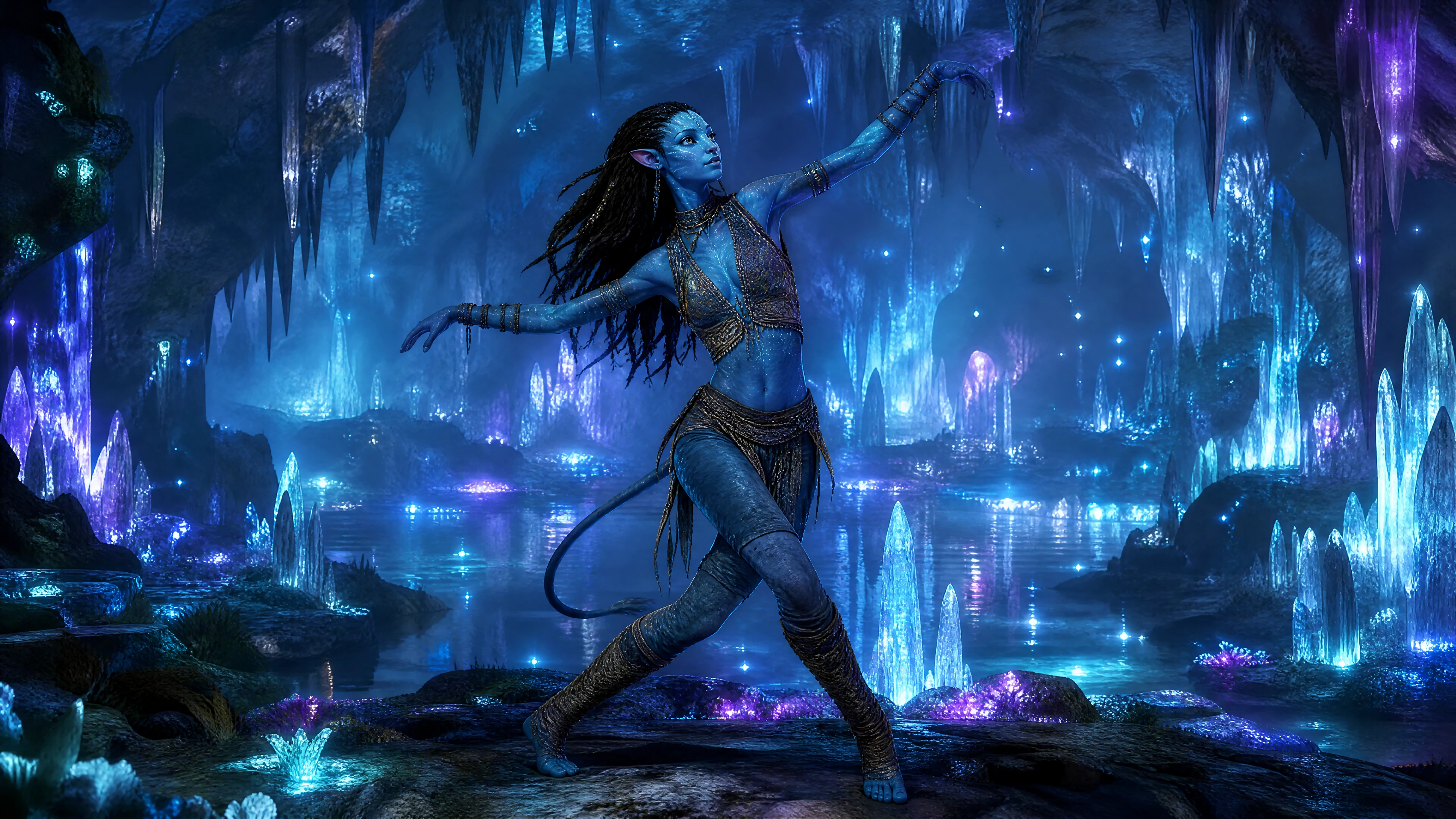Mulher Na’vi dançando em uma caverna de cristais brilhantes
