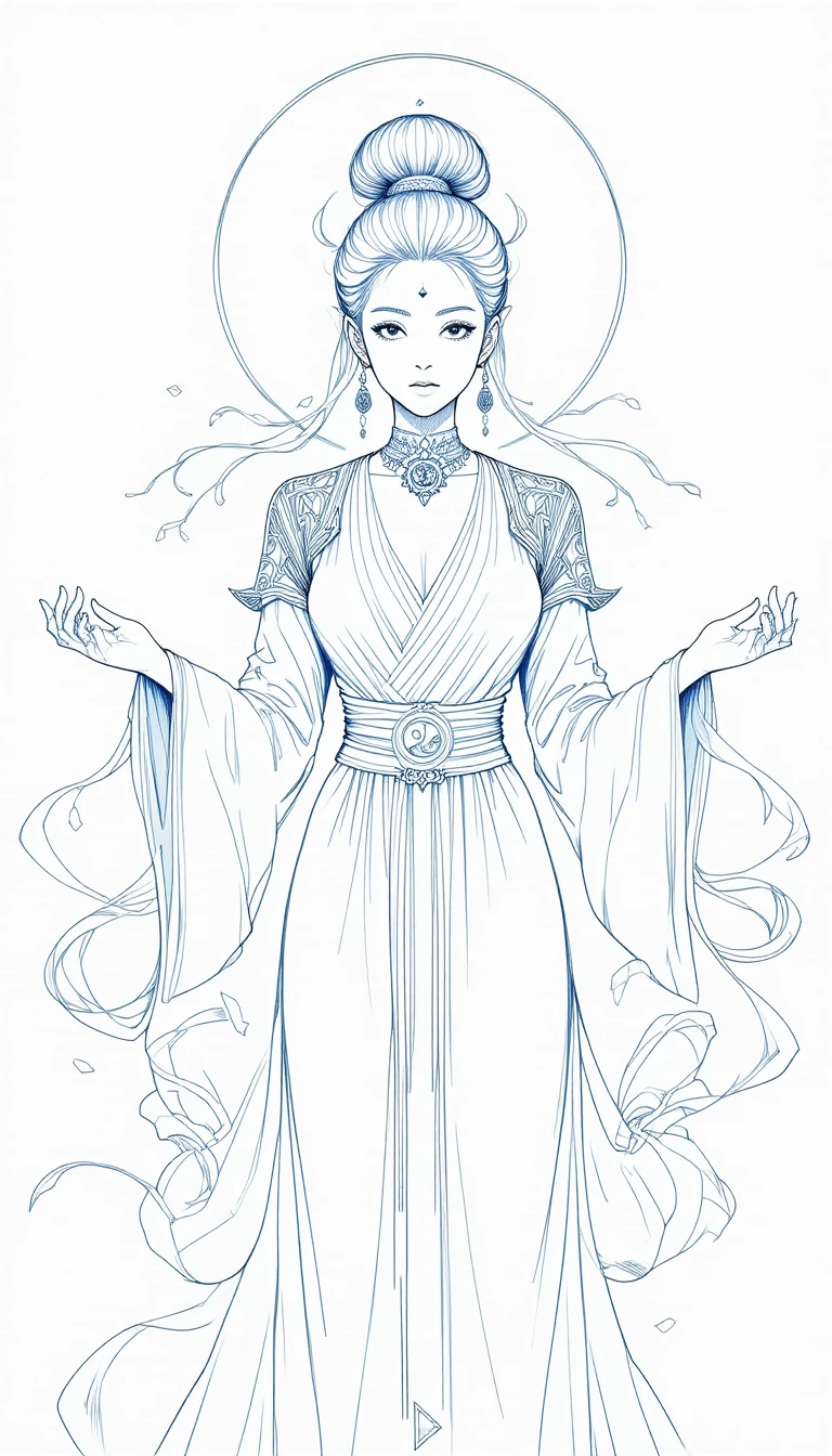 Divine manga priestess girl with halo and flowing ribbons