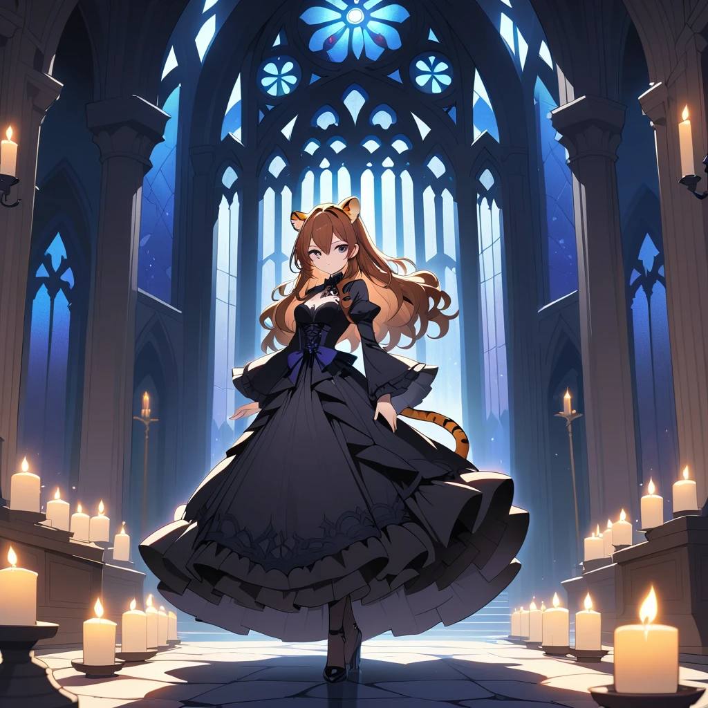 Elegante mujer tigre de anime en catedral gótica