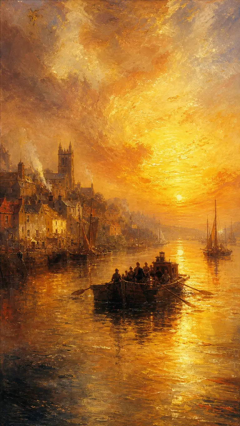 金色夕陽下的河畔渡輪與遠方小鎮景色