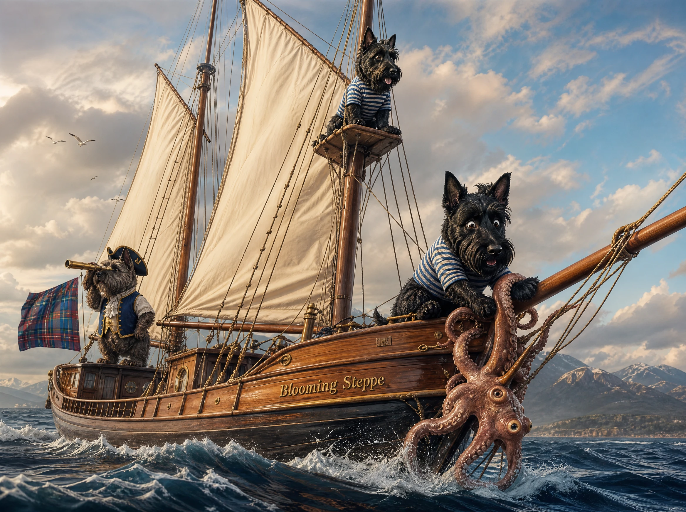 Anthropomorpher Terrier auf einem Holzschiff unter Segeln