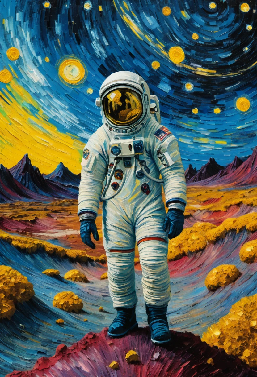 Astronaut steht auf der Oberfläche einer fernen außerirdischen Welt