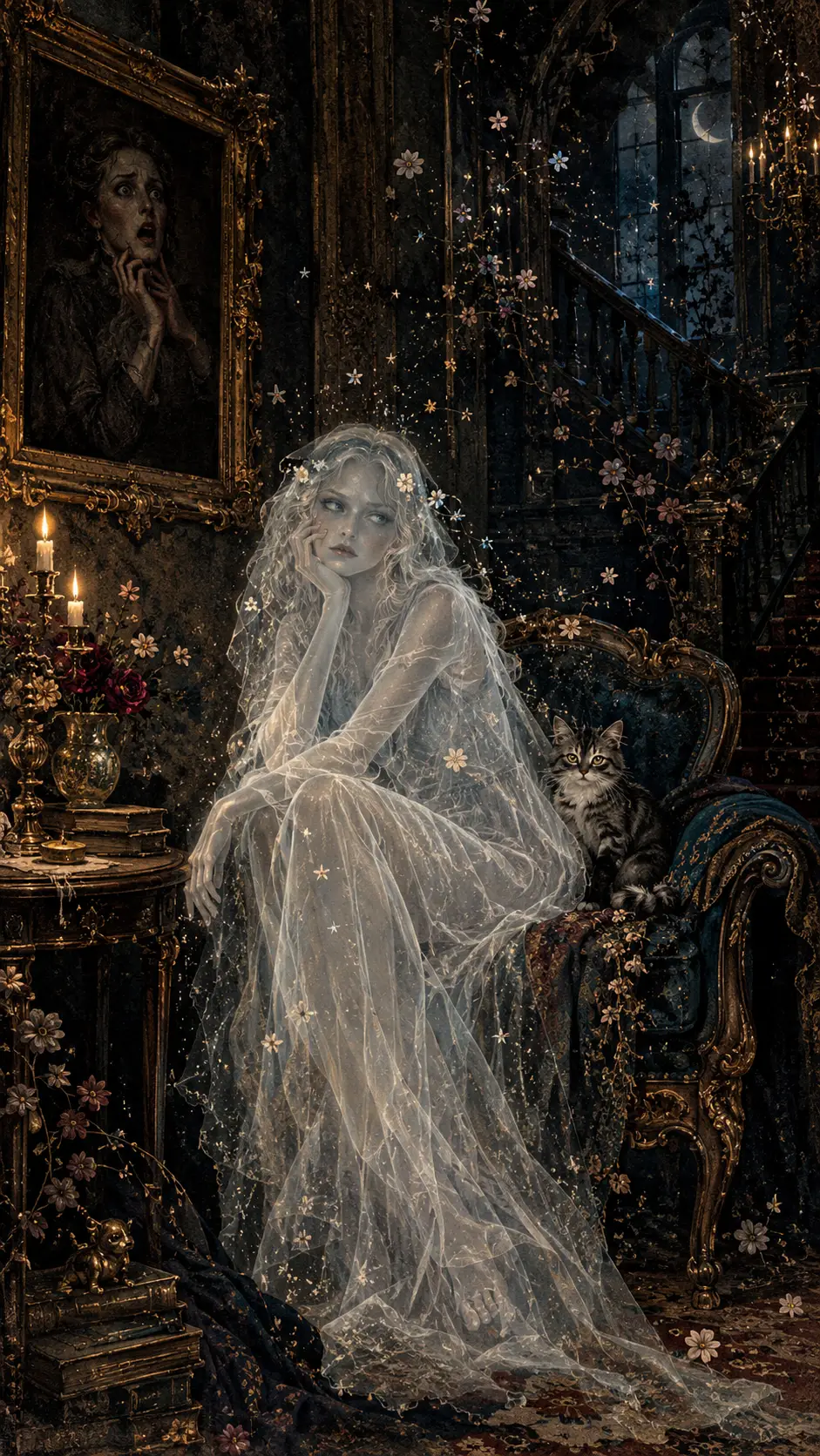 Elegante fantasma annoiato seduto in una vecchia casa infestata