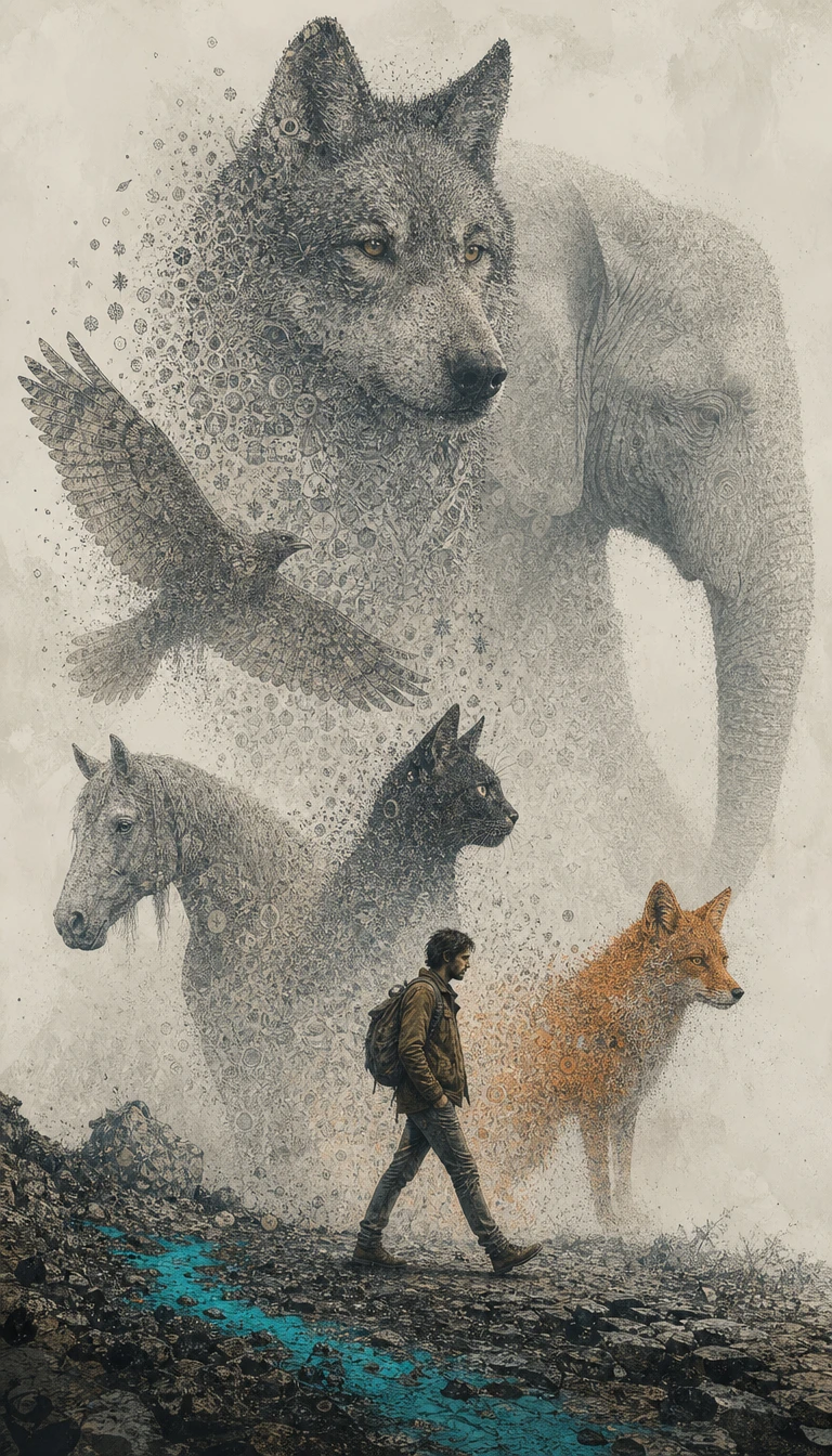 Man walking in surreal landscape with giant animal spirits