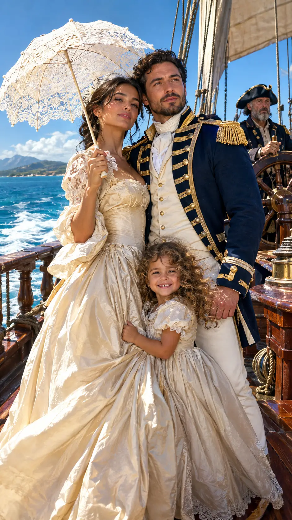 Young woman in silk gown on sunlit Spanish ship deck