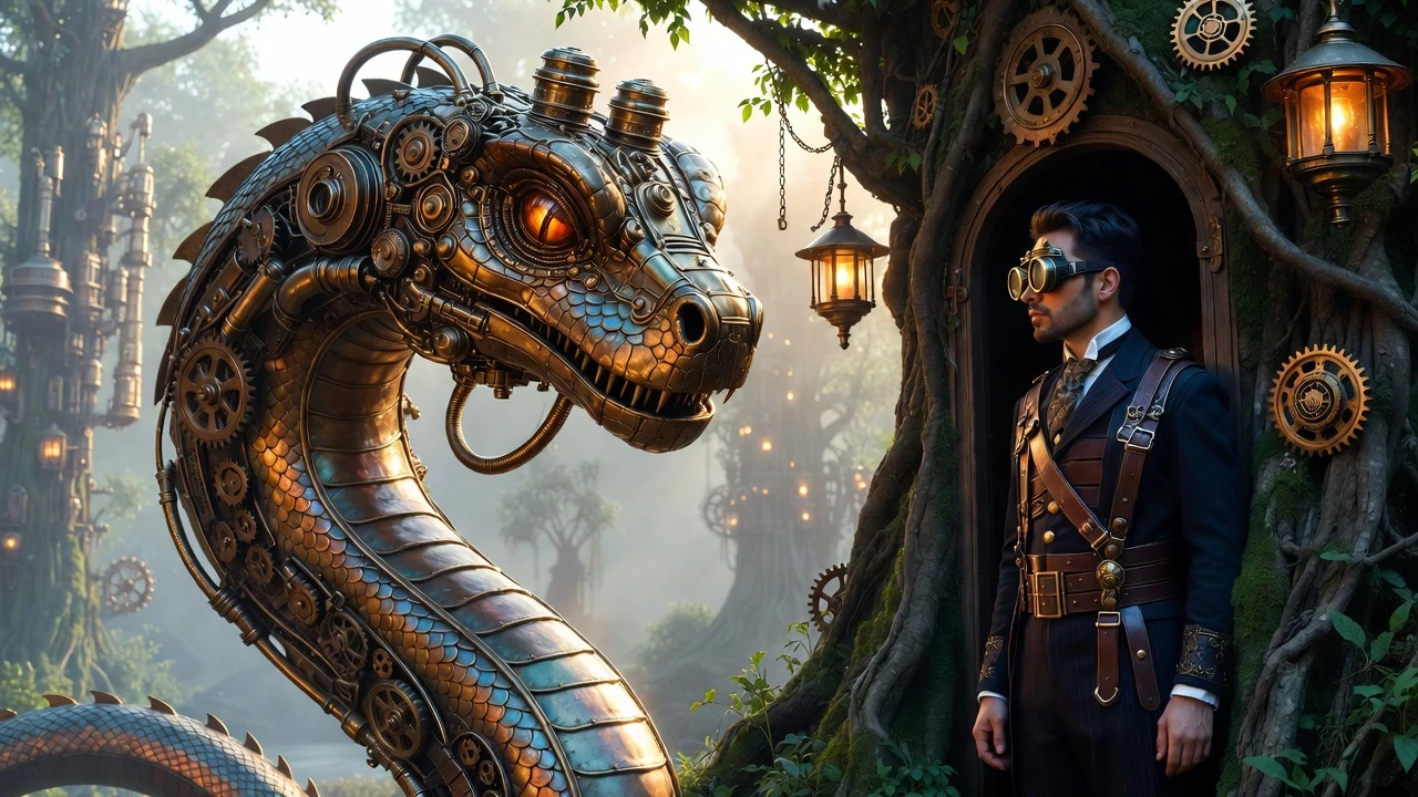 Steampunk serpent coiled around an ancient treehouse