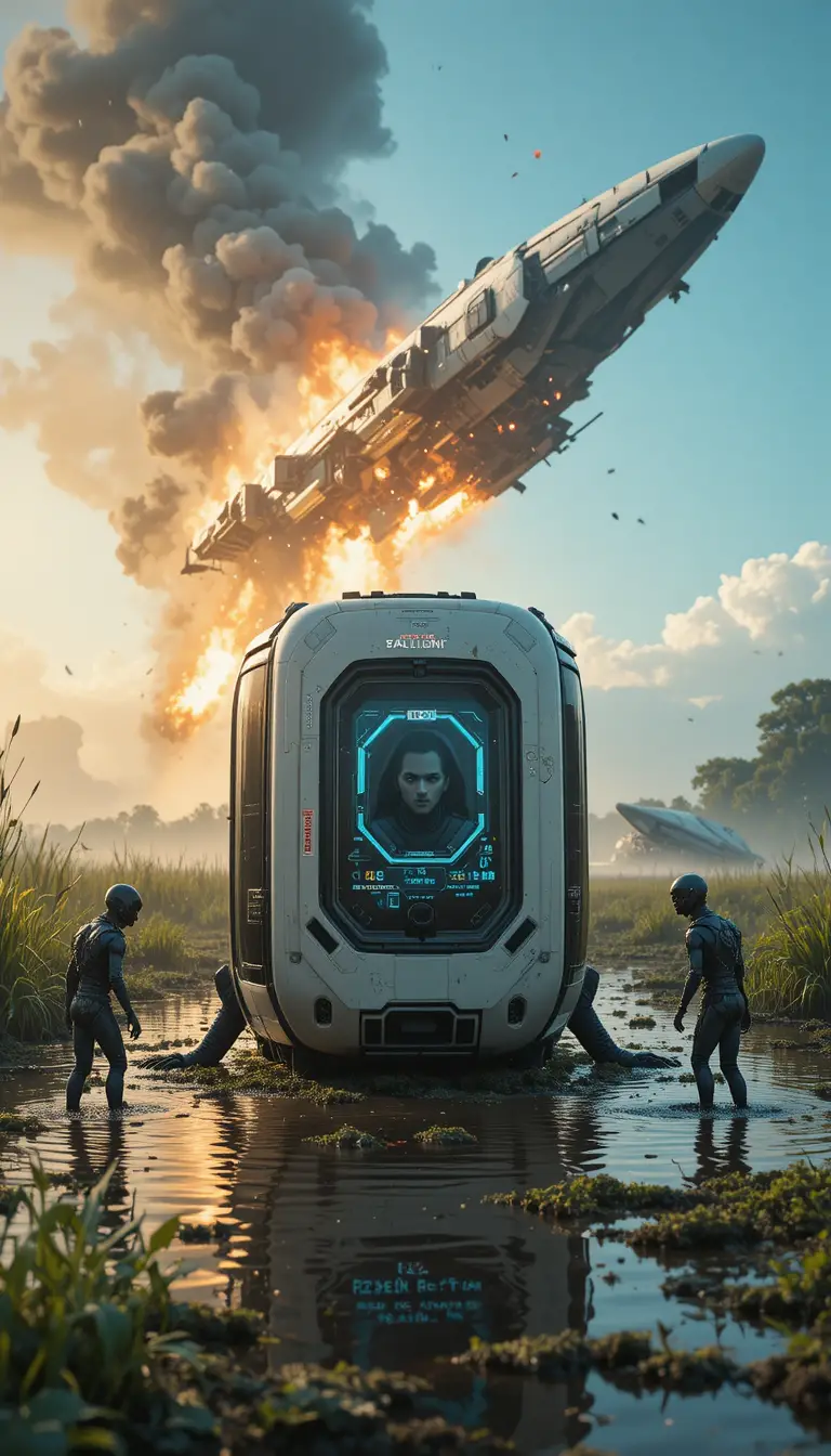 Capsule de secours futuriste dressée dans un marais baigné de soleil