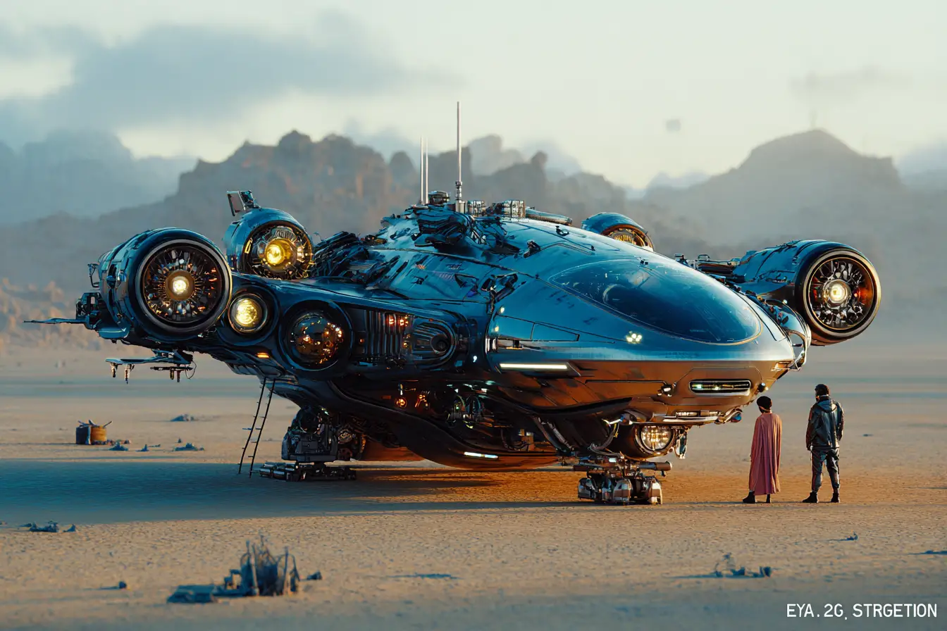 Futuristic spaceship above a sci fi city at night