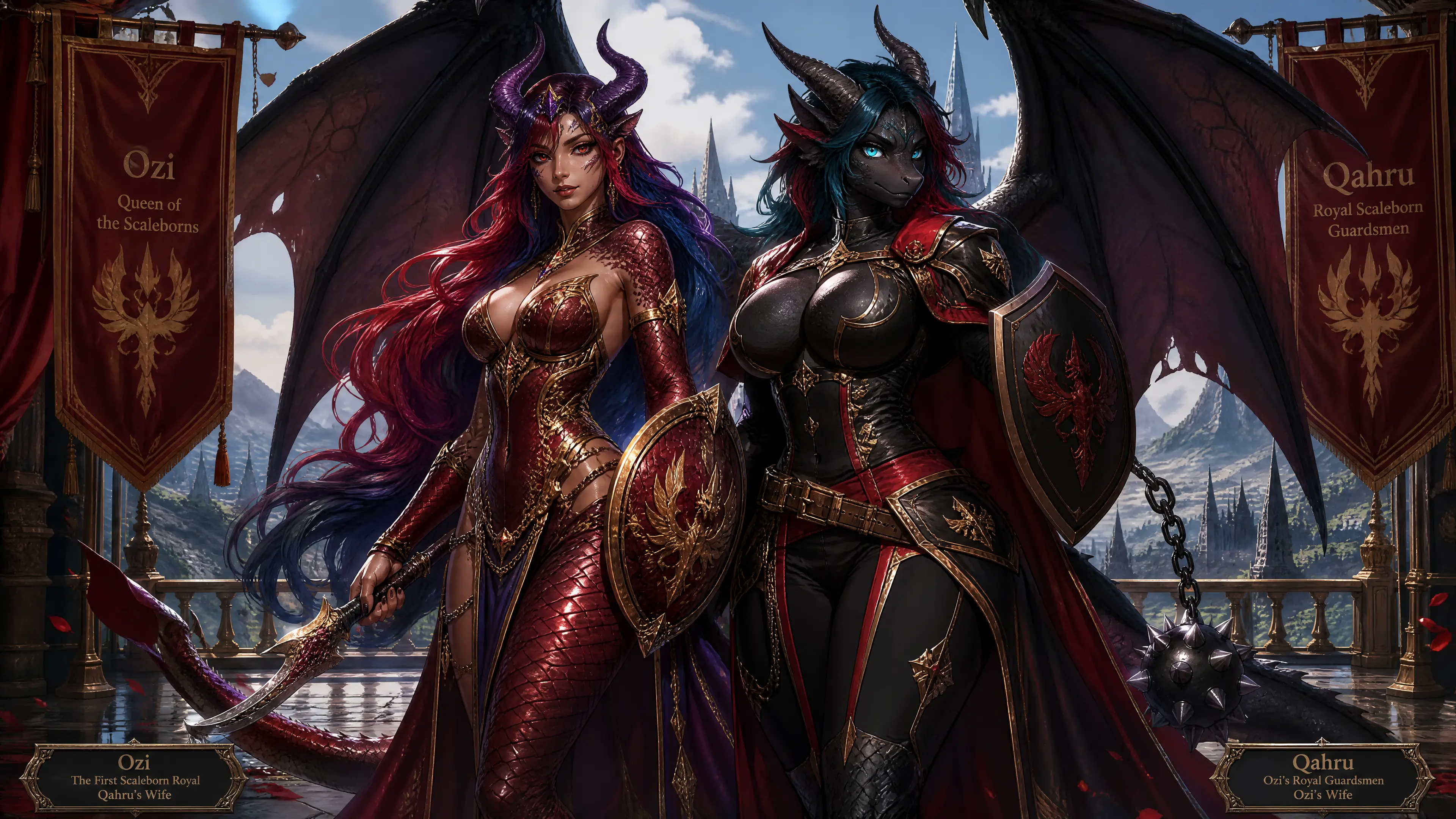 Reine écailleuse royale aux cornes de dragon et à la queue écailée