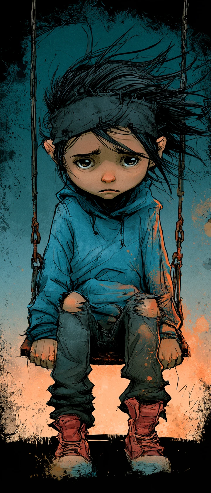Sad girl on a rusted playground swing at twilight