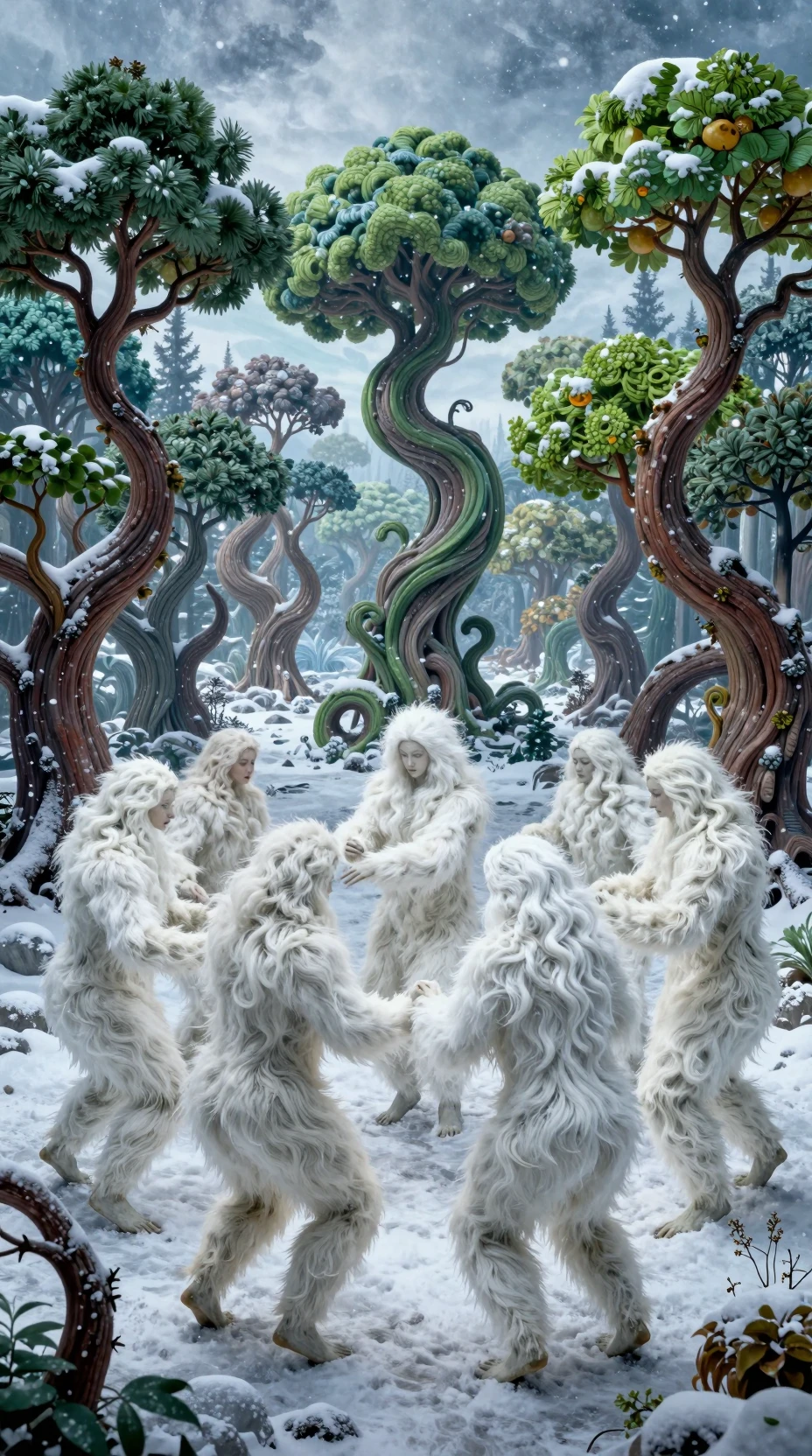 Figuras cobertas de pelo dançando em uma floresta de inverno surreal