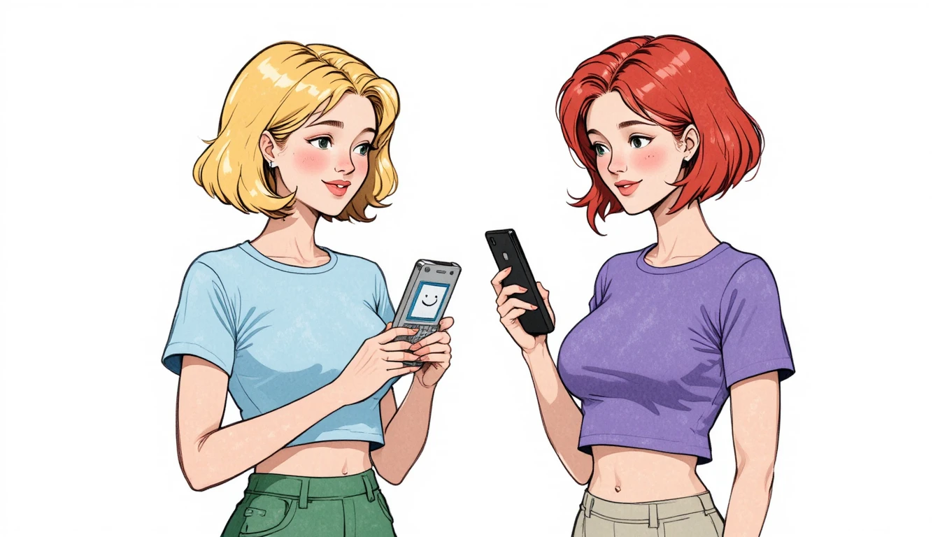 Deux filles qui discutent avec des téléphones à clapet rétro dans un style cartoon