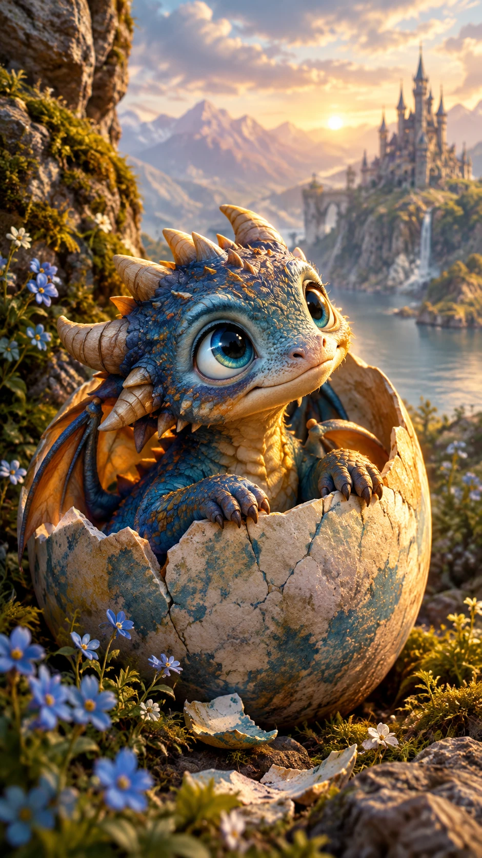 鮮やかな魔法の世界で微笑む赤ちゃんファンタジークリーチャー