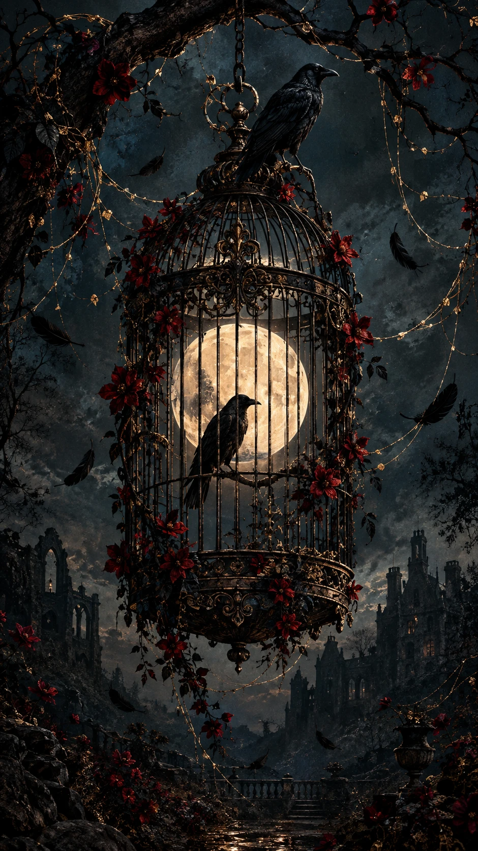 Gothic Birdcage With Ravens Under A Luminous Full Moon