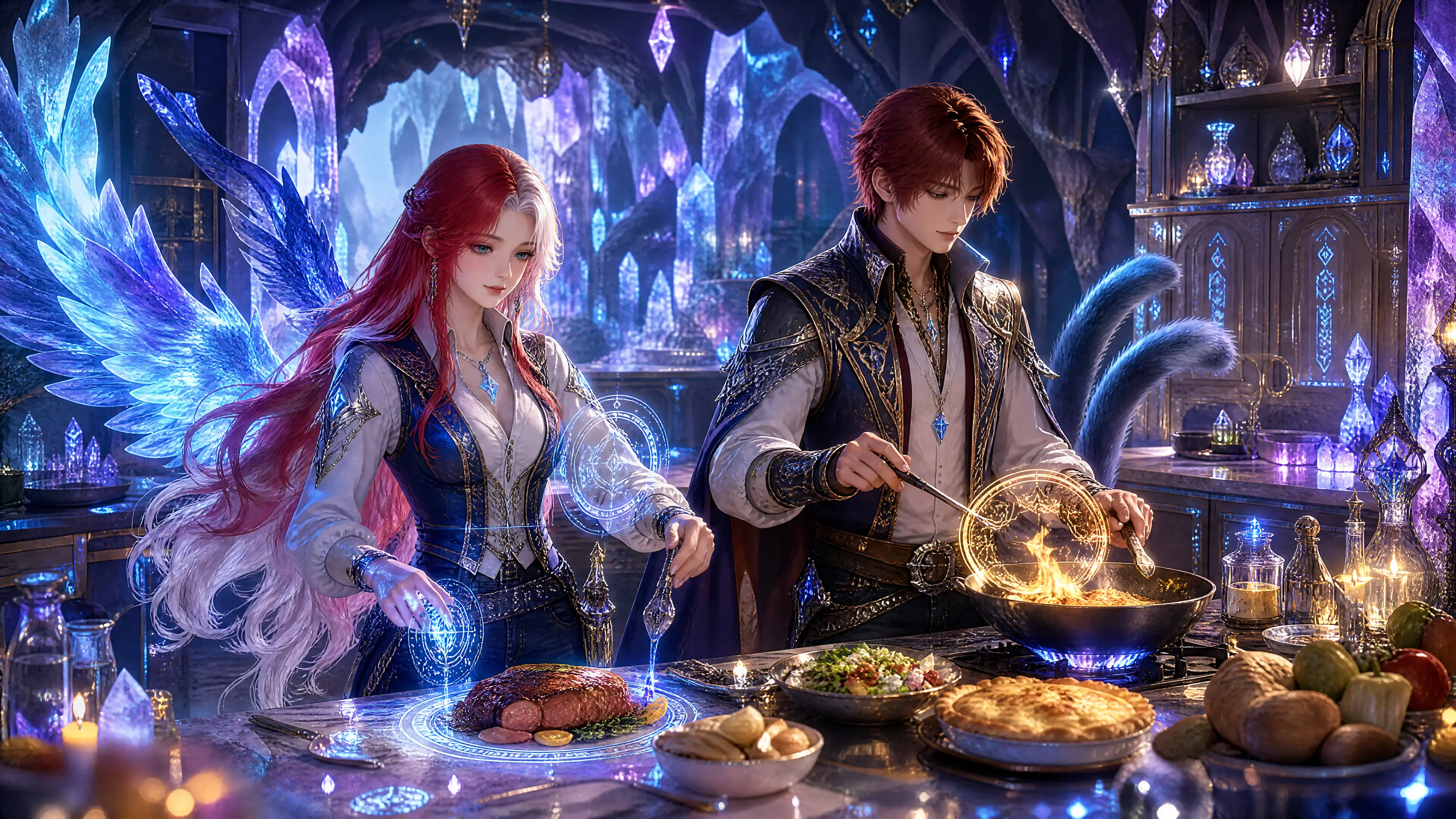 已婚魔法師在發光水晶洞窟裡烹煮晚餐