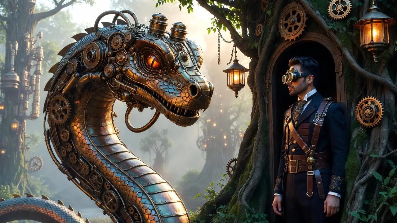 Steampunk serpent coiled around an ancient treehouse