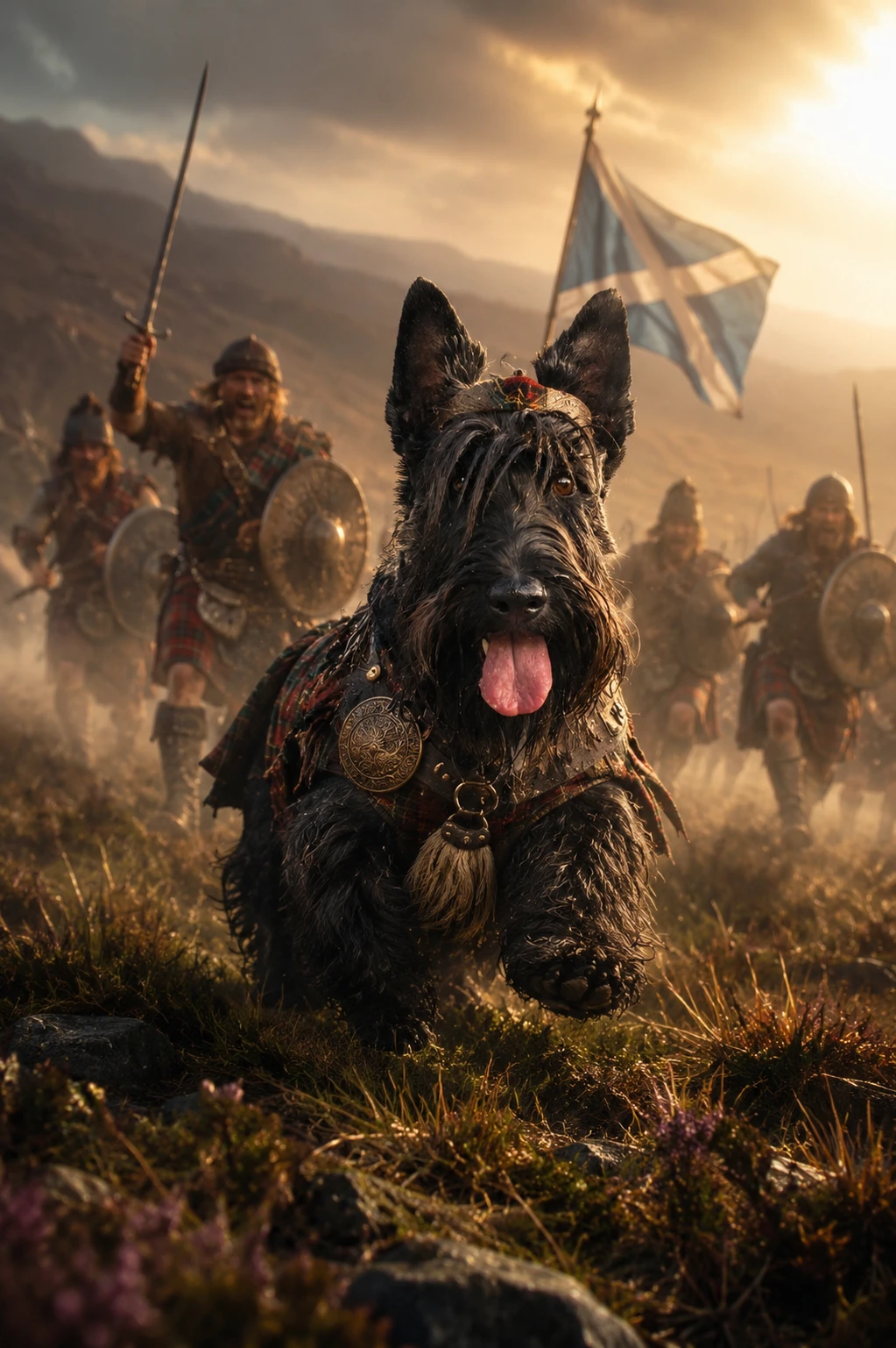 Scottish Terrier stürmt über einen nebligen Waldmoor