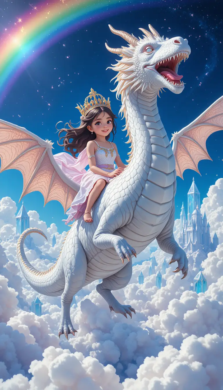 Junge Prinzessin reitet auf einem weißen Drachen über dem Kristallkönigreich