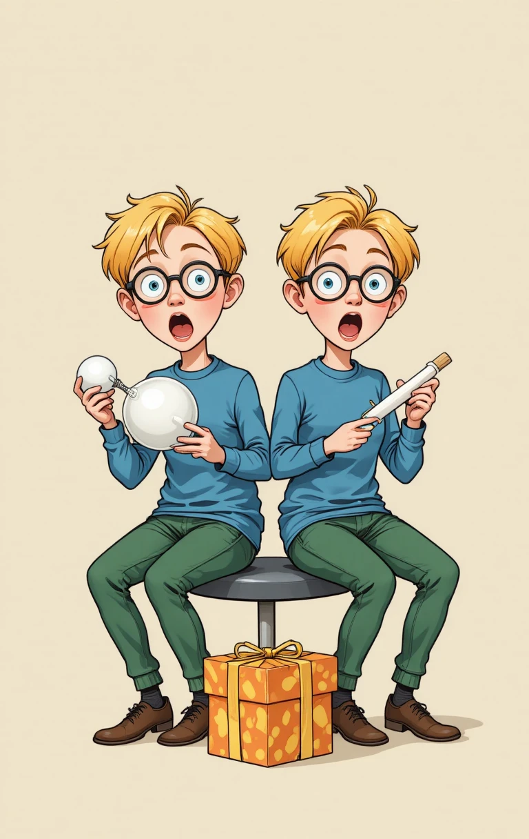 Cartoon conjoined twins with gifts in a whimsical scene
