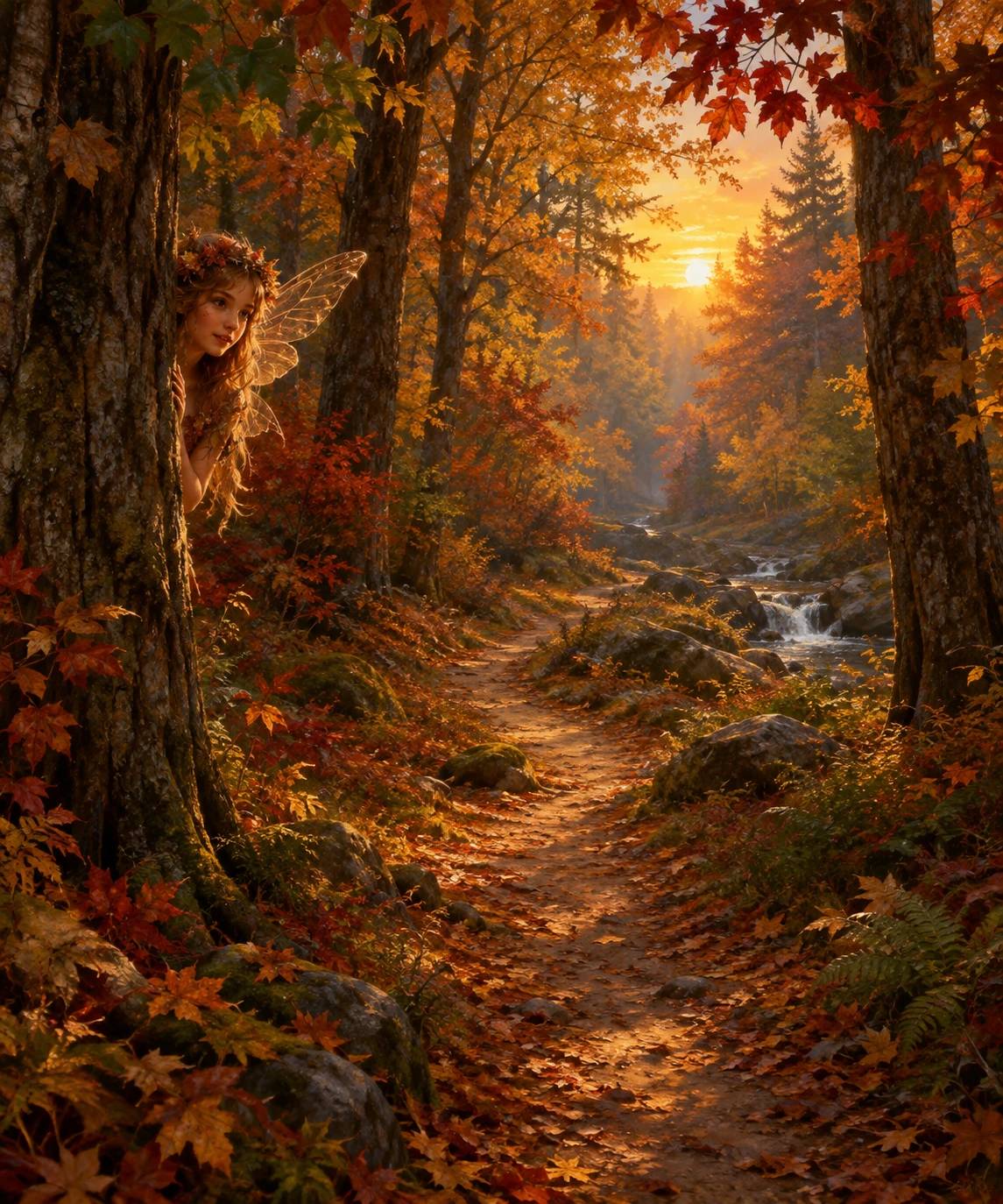 Mystical path through a sunlit autumn forest painting