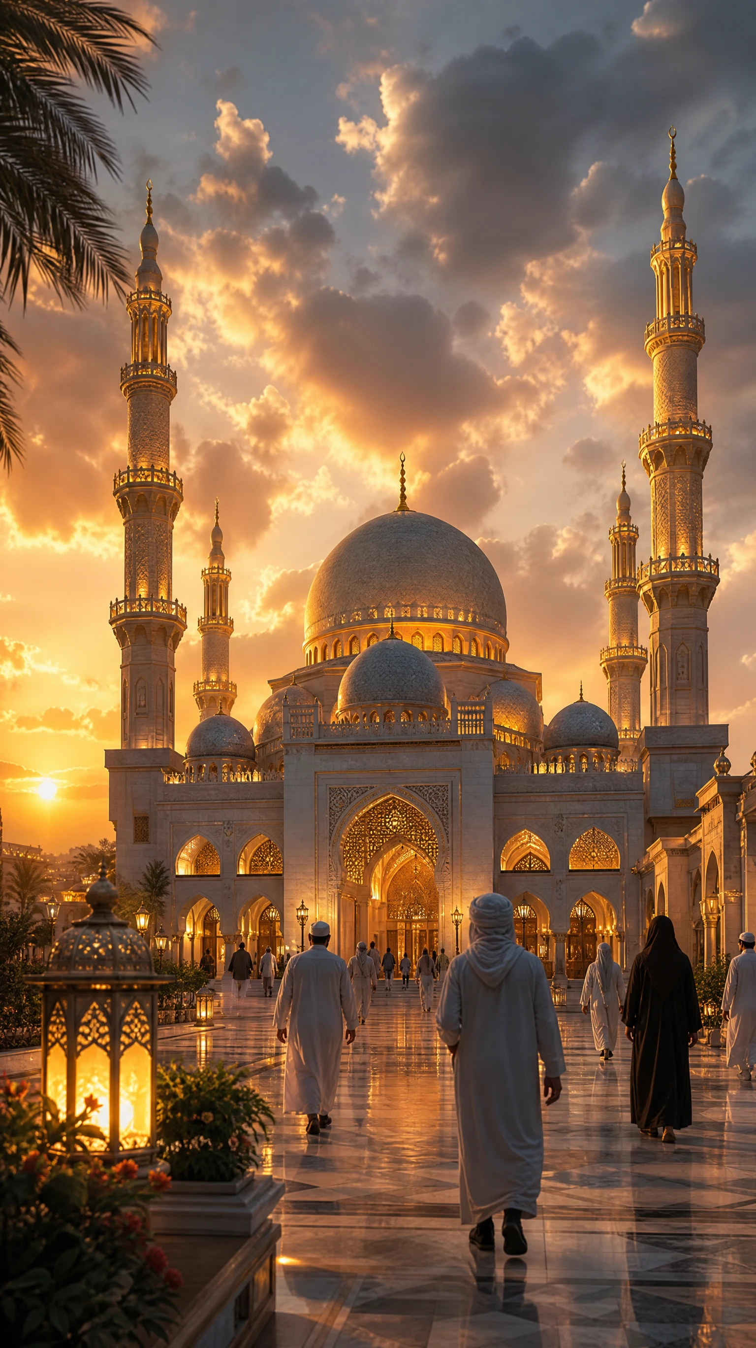 Vista cinematográfica do pôr do sol na entrada de uma grande mesquita