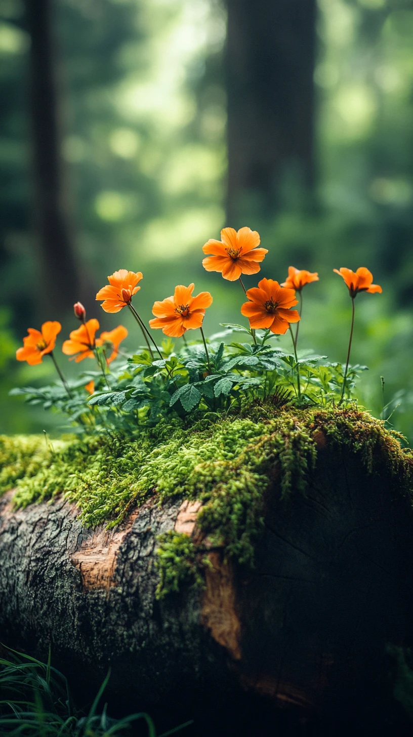 Orange Flowers On Mossy Log In Sunlit Green Forest