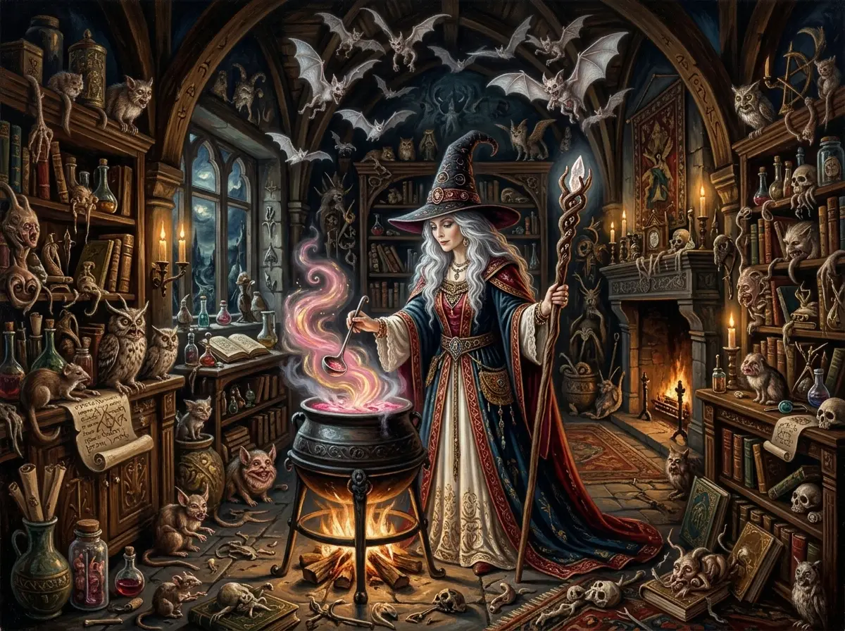 Ethereal white witch brewing a love potion in chamber