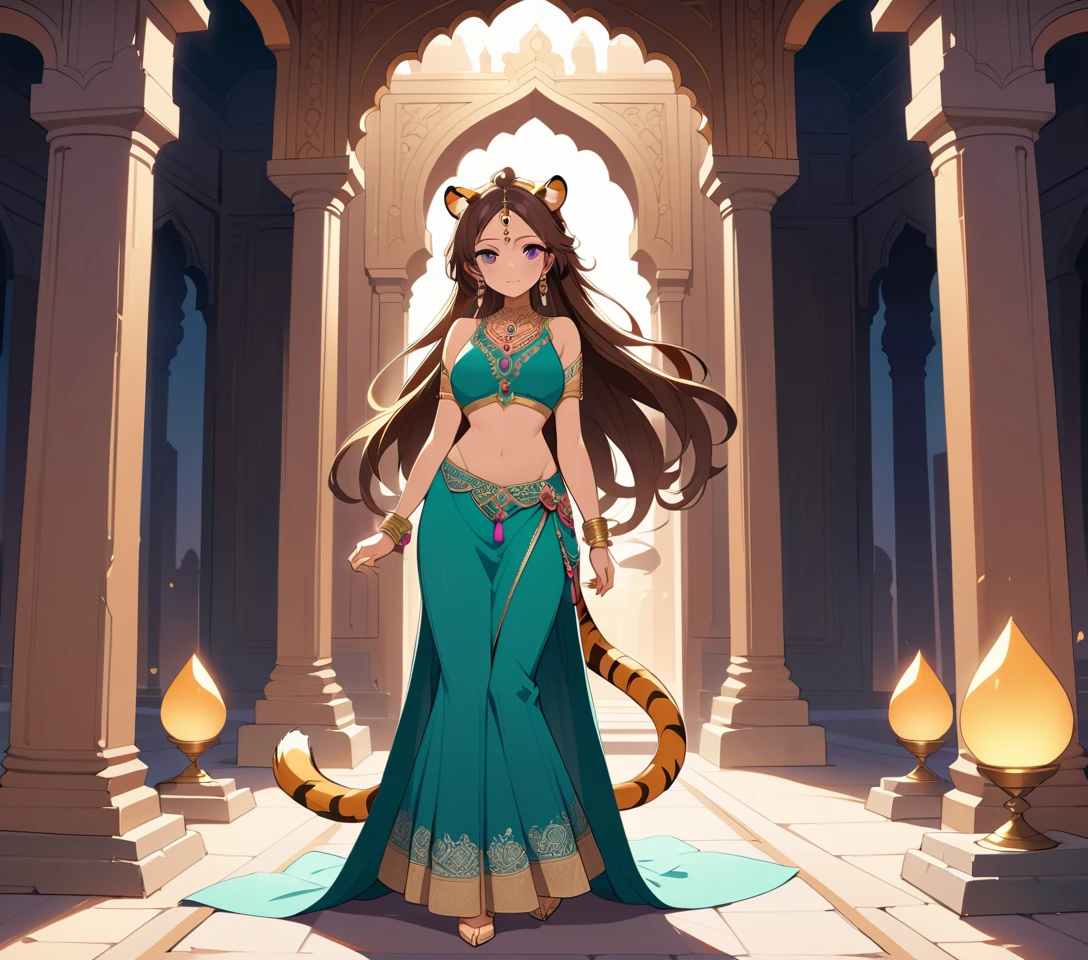 Elegante mulher-tigre de anime em um templo indiano à luz de velas
