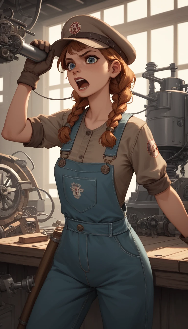 Nordische Kriegerin neben einem dröhnenden Steampunk-Motor