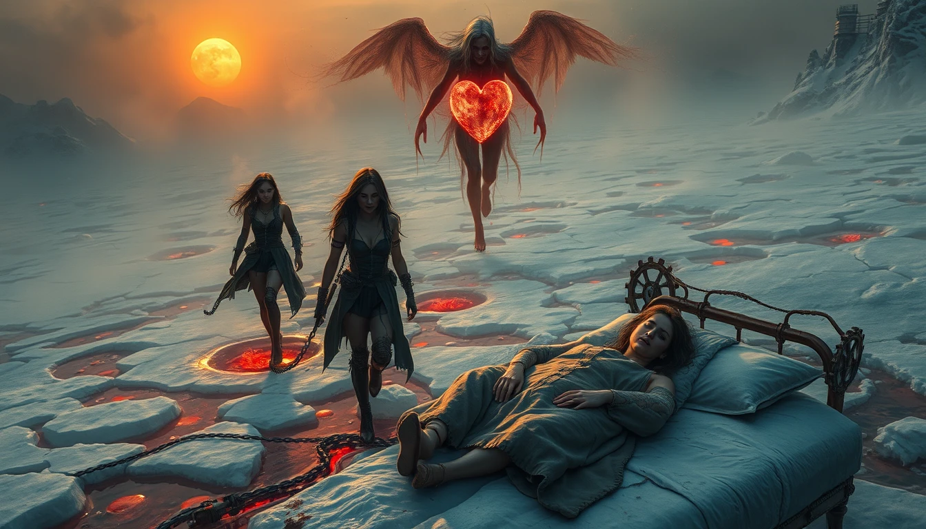 Soleil mourant au‑dessus de montagnes gelées et d’un champ de glace corrompu