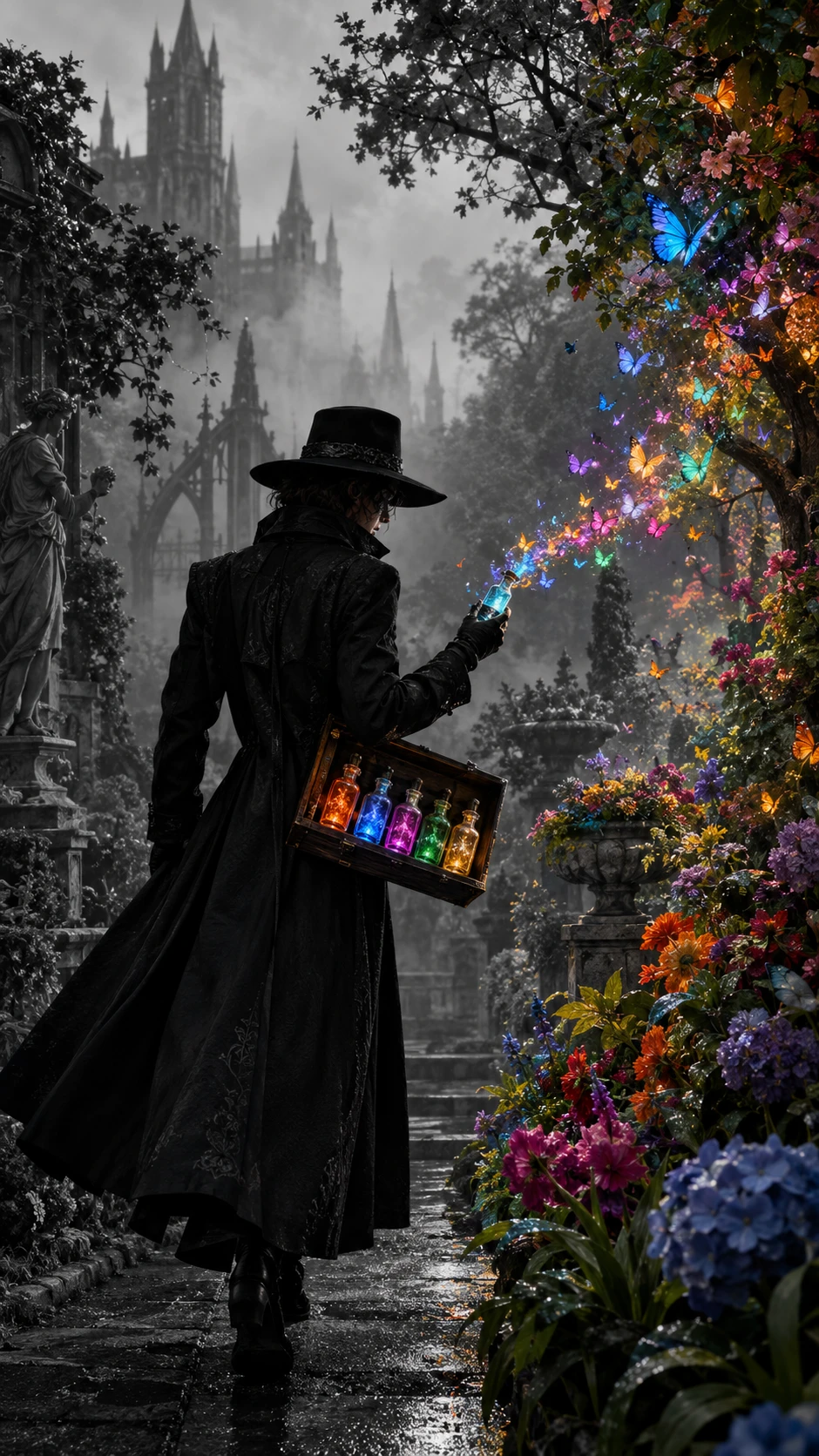 Silhouette mystérieuse dans un jardin gothique aux couleurs lumineuses