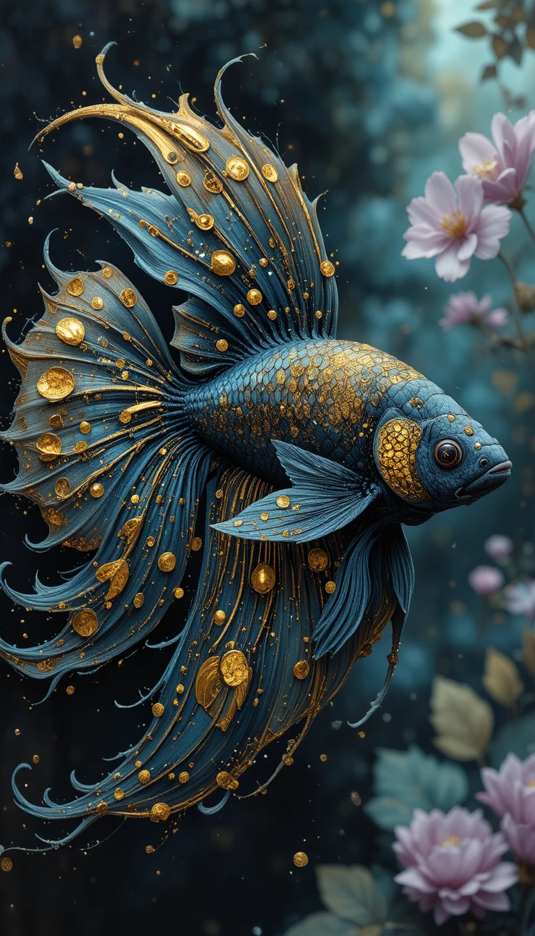 Pez betta negro y dorado sobre fondo abstracto en espiral