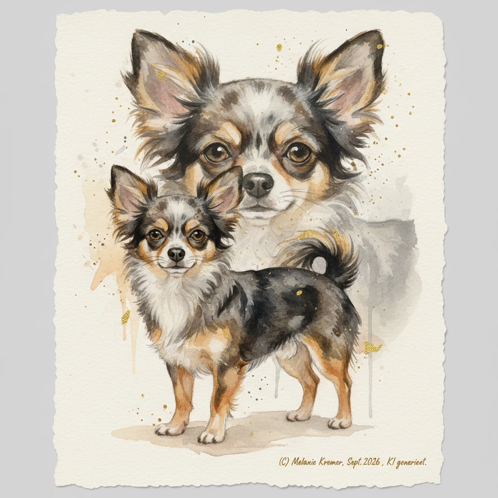 Retrato em aquarela com dupla exposição de um chihuahua merle