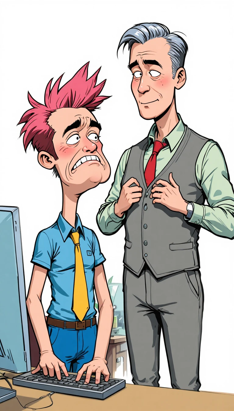 Gestresster Büroangestellter und selbstzufriedener Chef in Cartoon-Illustration