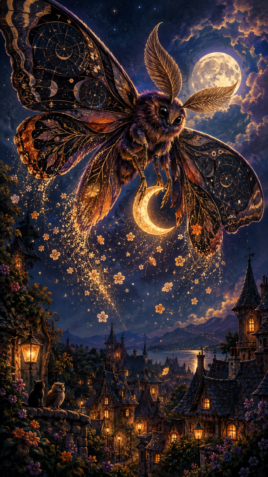 Mariposa noturna gigante carregando uma lua crescente brilhante