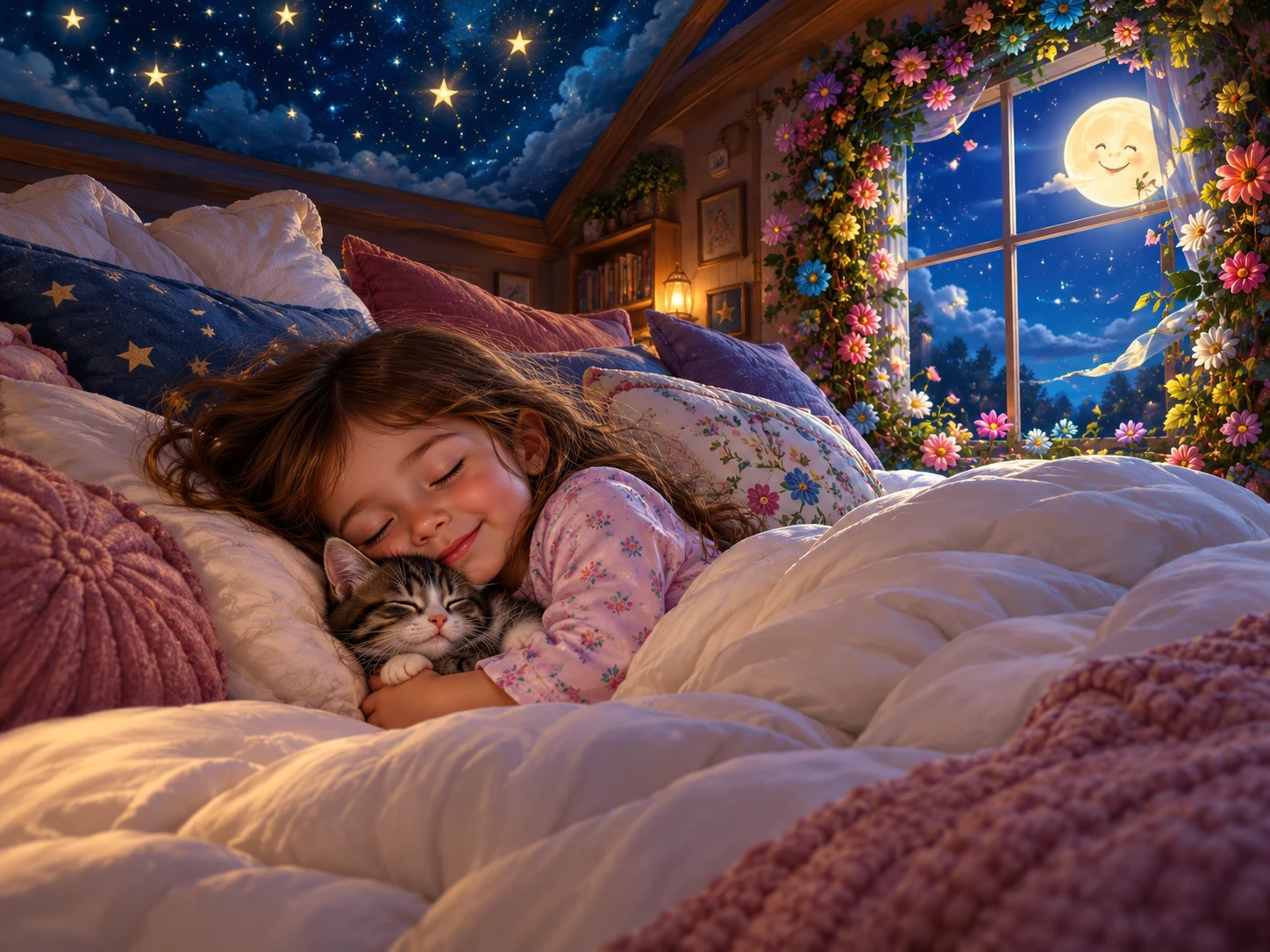 Menininha e gatinho dormindo em uma cama mágica ao luar