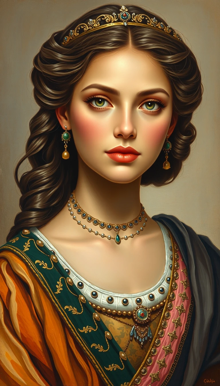 Retrato de nobre sassânida com olhar sereno e seios nus