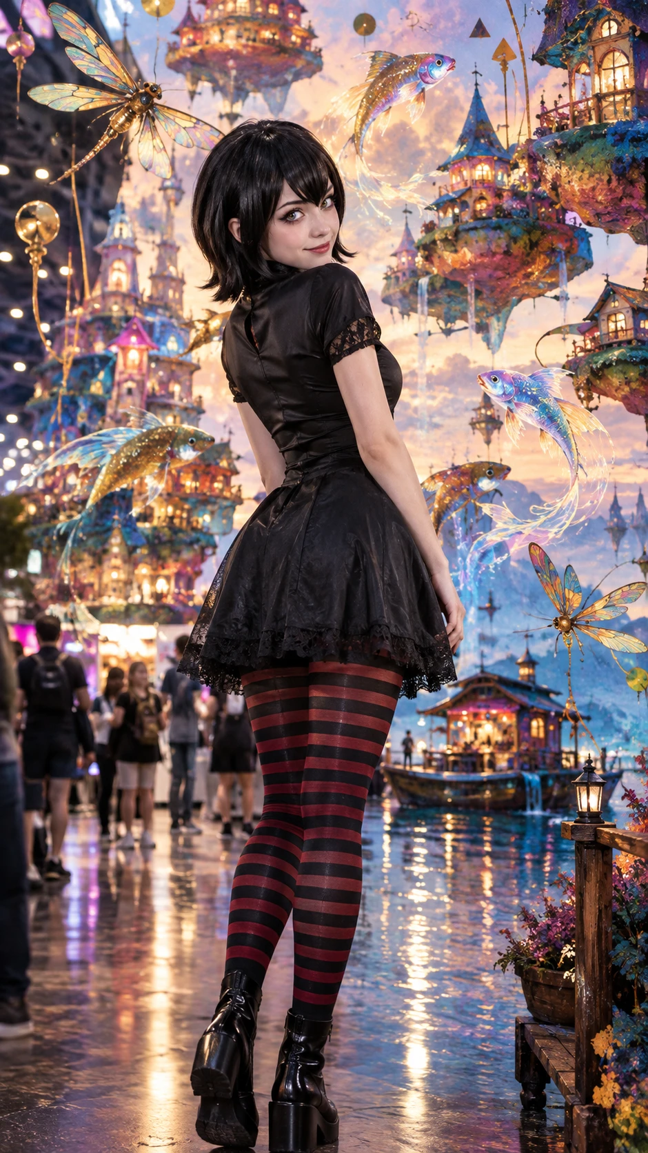 Garota de cosplay em vestido preto olhando de relance para a câmera