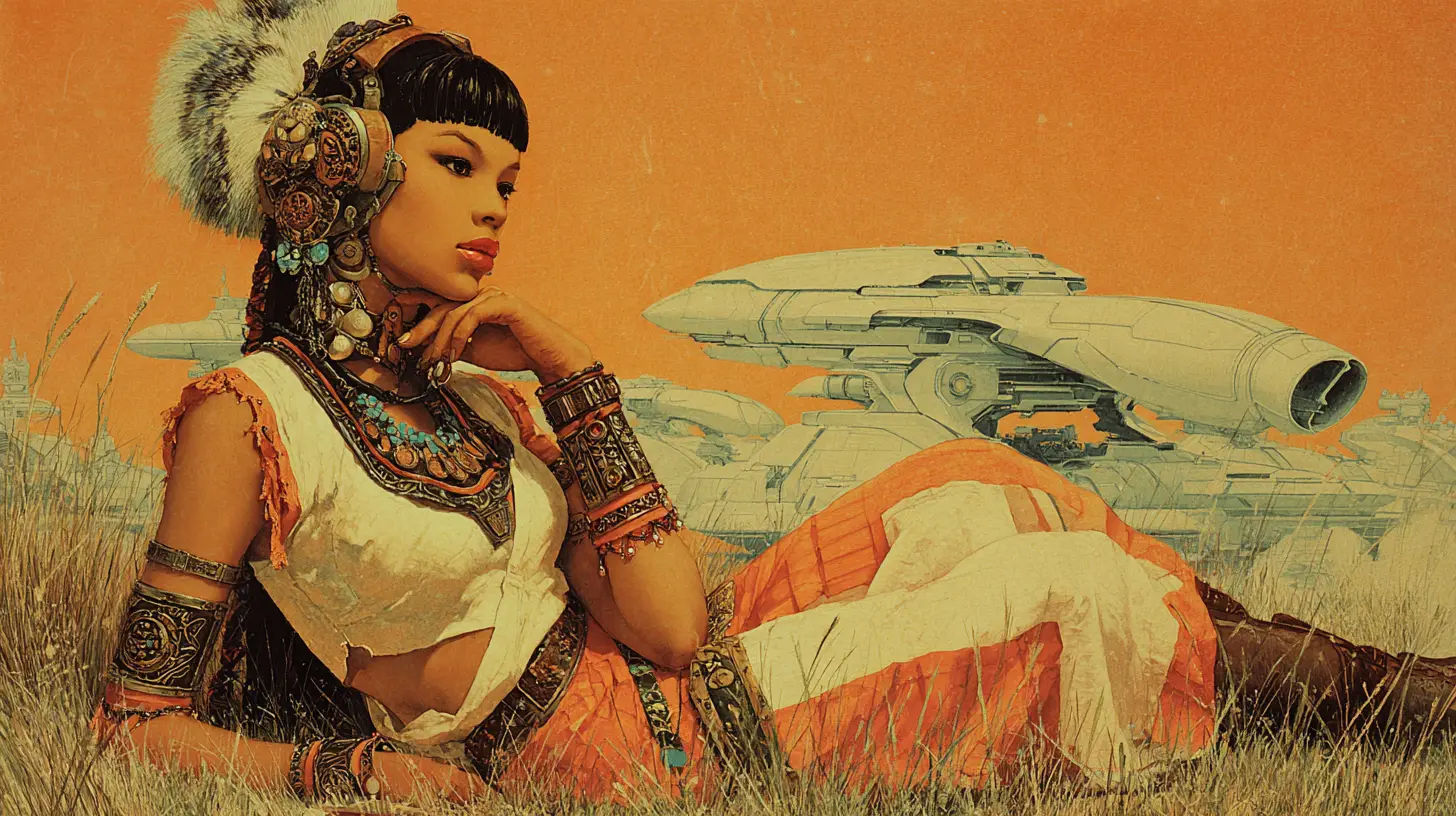 Sci fi warrior woman before sleek spacecraft at sunset