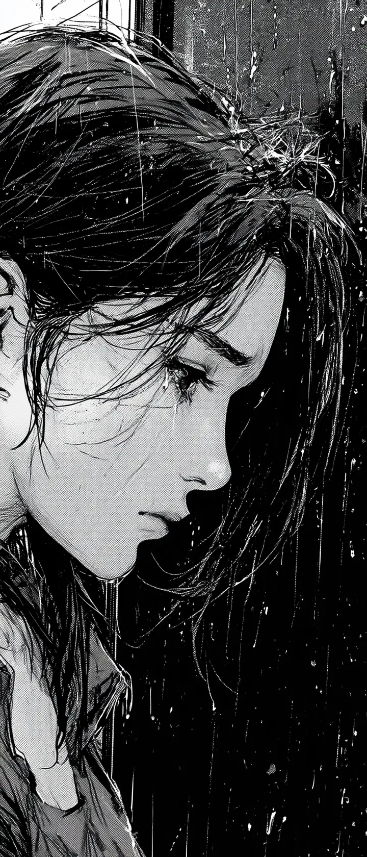 黑暗窗邊雨中的悲傷女子・漫畫風