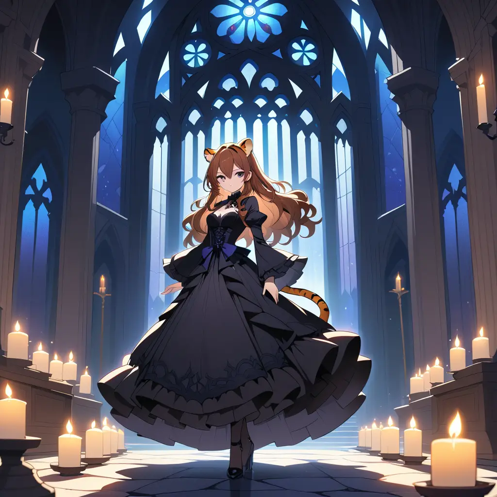 Elegant anime tiger woman in gothic cathedral