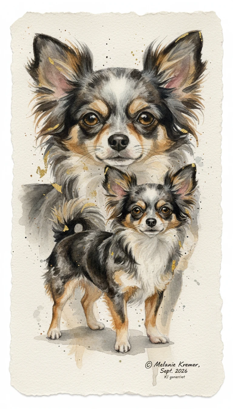 Retrato em aquarela com dupla exposição de um chihuahua de pelo longo