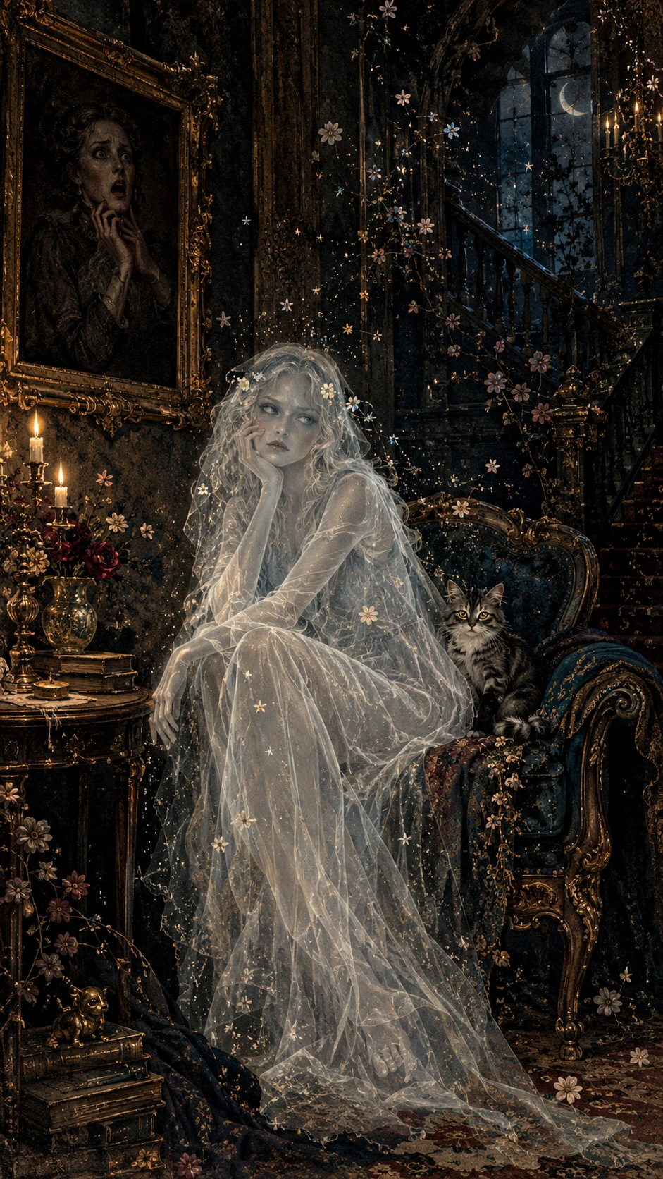 Fantasma elegante e entediado sentado em uma velha casa mal-assombrada