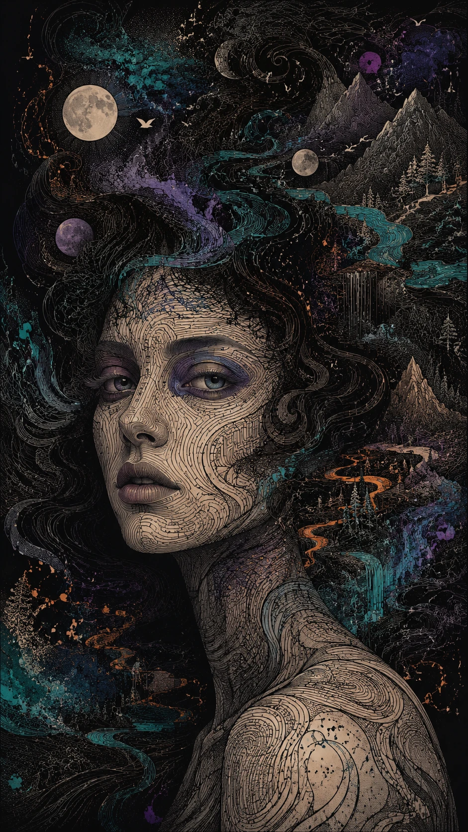 Retrato surreal de mulher com cabelo esvoaçante como paisagem noturna