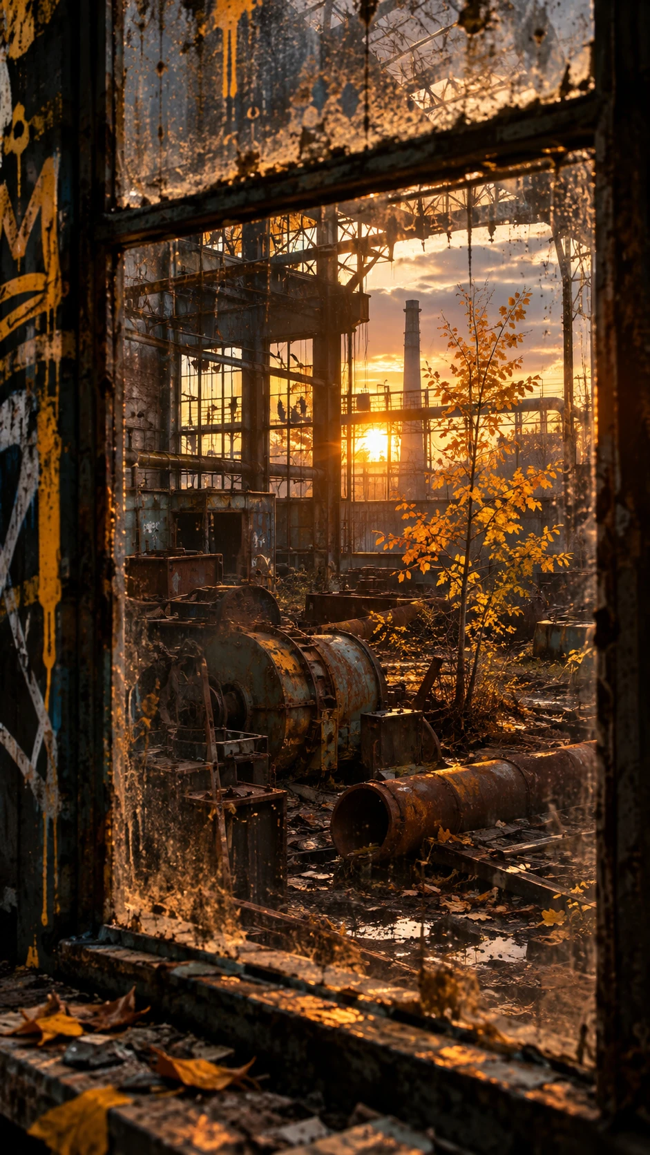 Brotinho de outono em uma fábrica abandonada ao pôr do sol