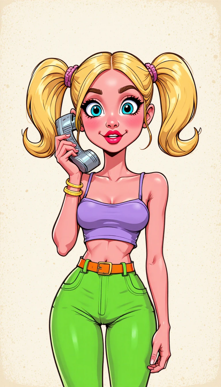 Menina de desenho animado brincalhona com telefone de lata e cores vibrantes