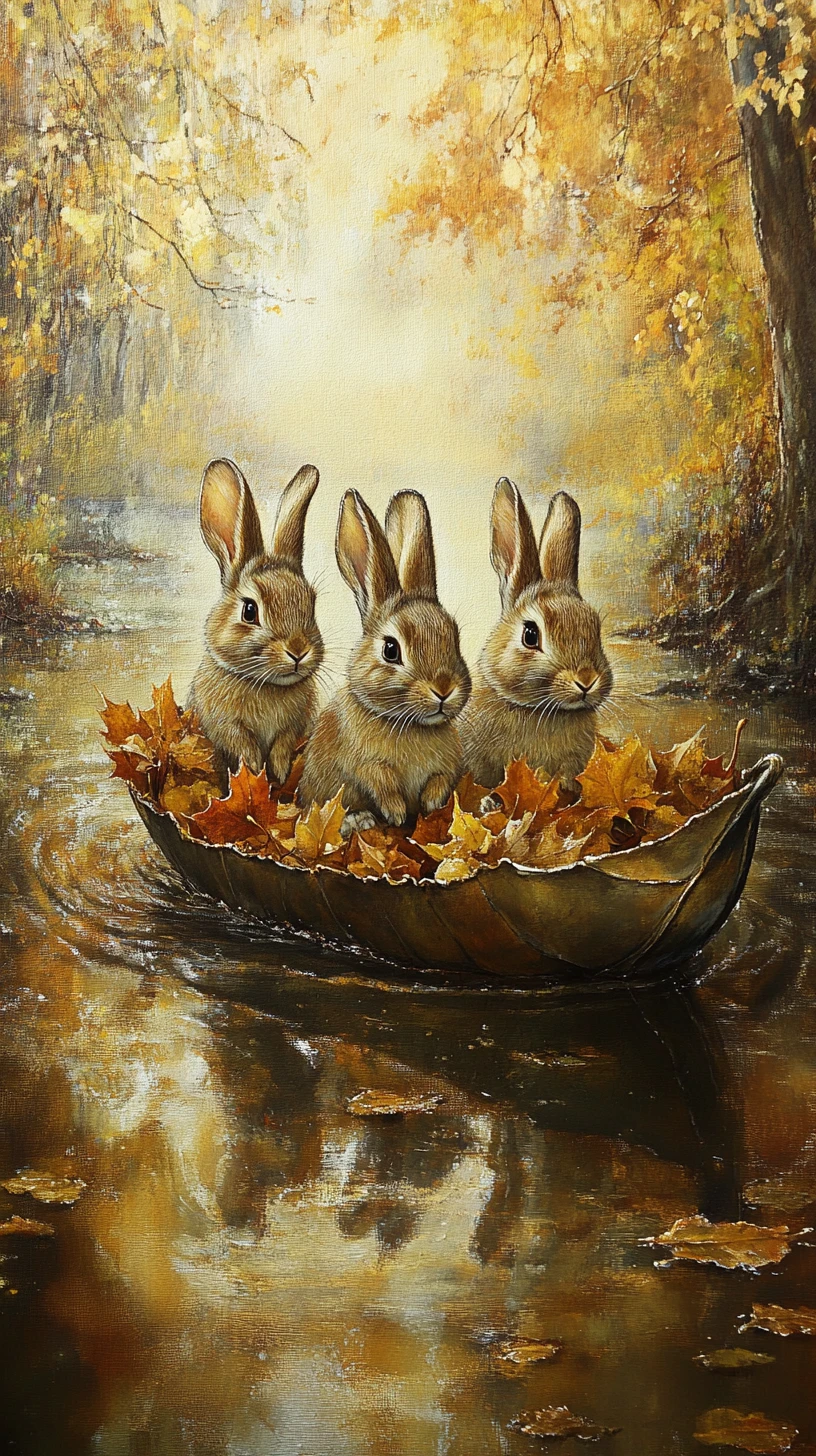 Quatro coelhos navegando em um barco de folha em águas calmas de outono