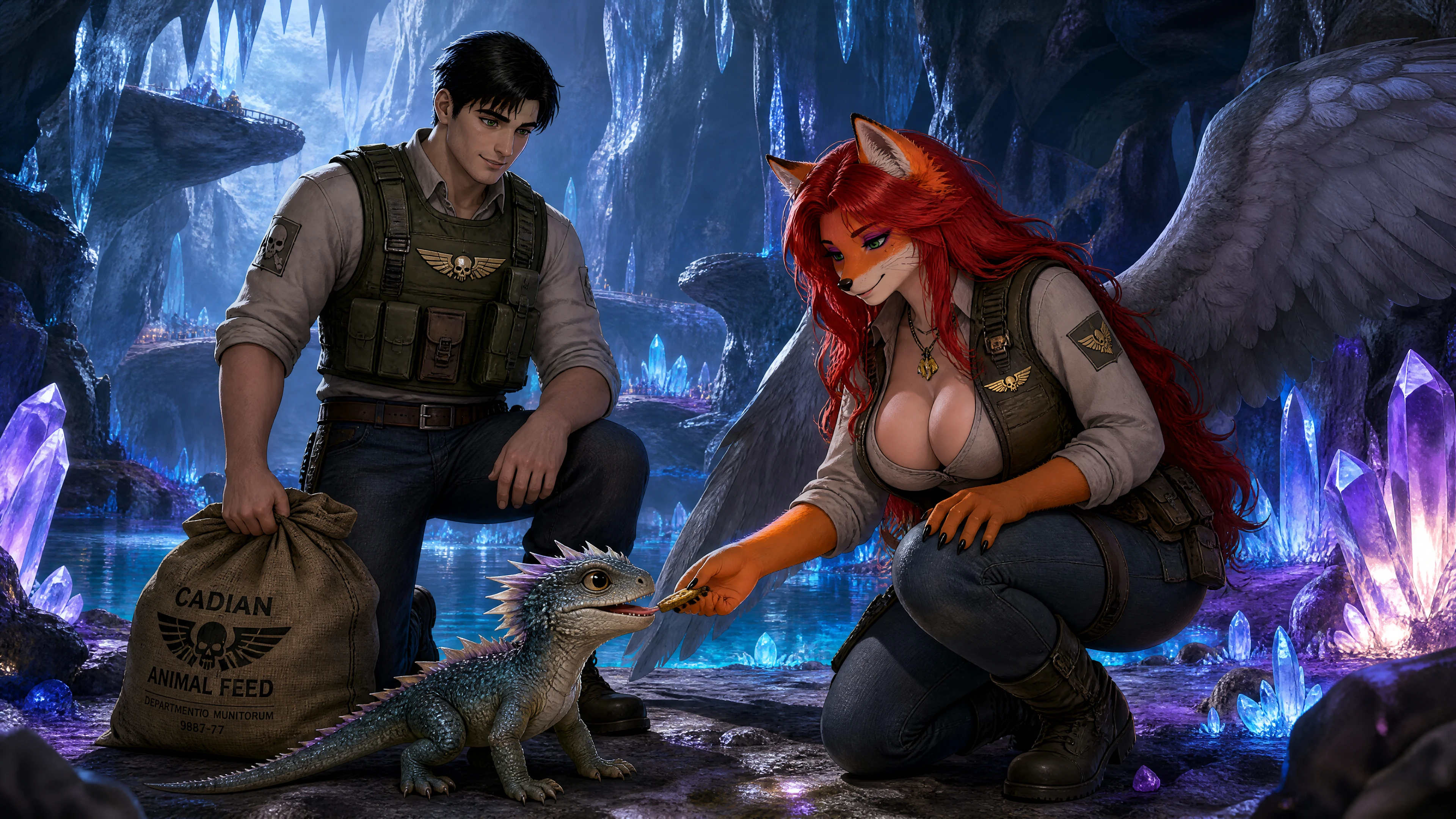 Femme loup redoutable anthro et homme nourrissant un lézard dans une grotte