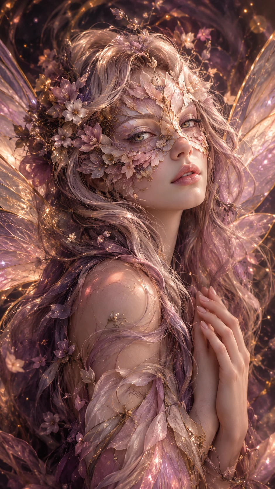 Retrato etéreo de espírito das flores com asas luminosas