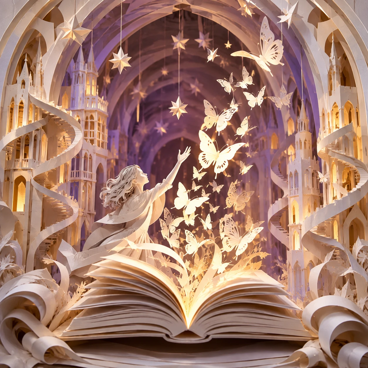 Livro de papel que libera borboletas em escultura branca brilhante